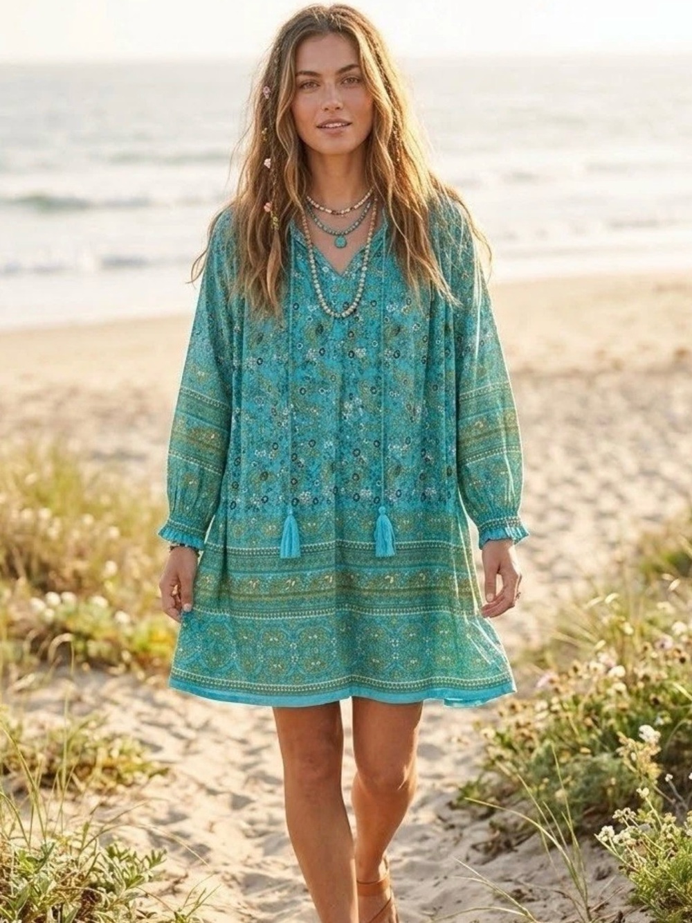Natural Life Dara turquoise floral boho tassel smocked tunic dress Sz M